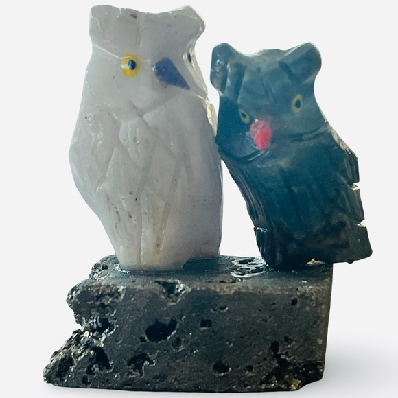 Other - Handcrafted Carved Stone Owl Figurines on Pyrite Base